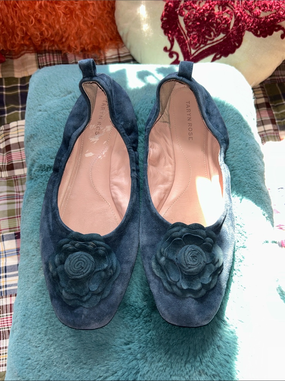 Taryn Rose Navy Suede Floral Ballet Flats